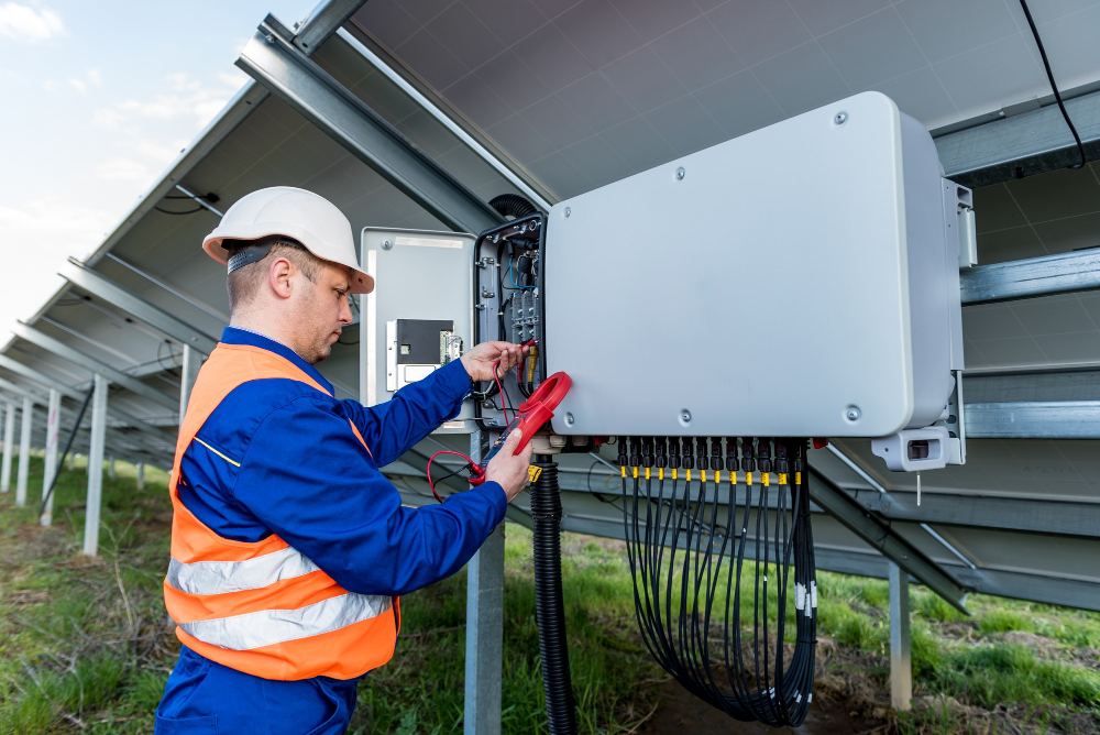 Tehnician verifică instalația electrică a panourilor solare