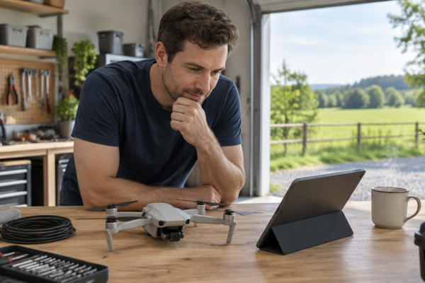 Bărbat la o bancă de lucru dintr-un garaj luminos, cu o dronă mică și o tabletă deschisă pe o carte electronică