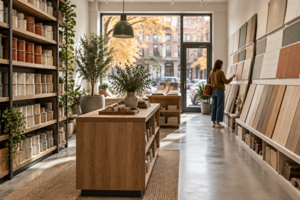 Rafturi cu cutii de vopsea, plăci de gresie și plante într-un showroom luminos de amenajări, cu vitrină spre o stradă din oraș